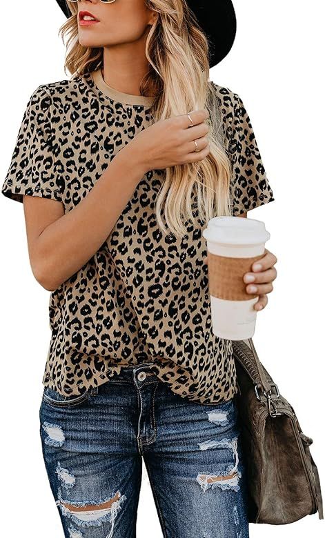Womens Leopard Print Tops Short Sleeve Round Neck Casual T Shirts Tees | Amazon (US)