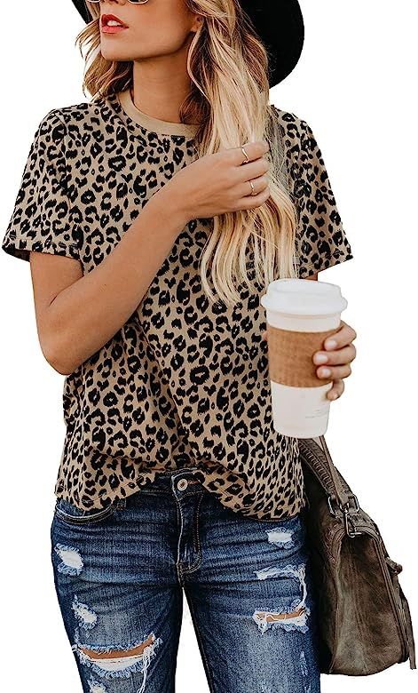 Womens Leopard Print Tops Short Sleeve Round Neck Casual T Shirts Tees | Amazon (US)
