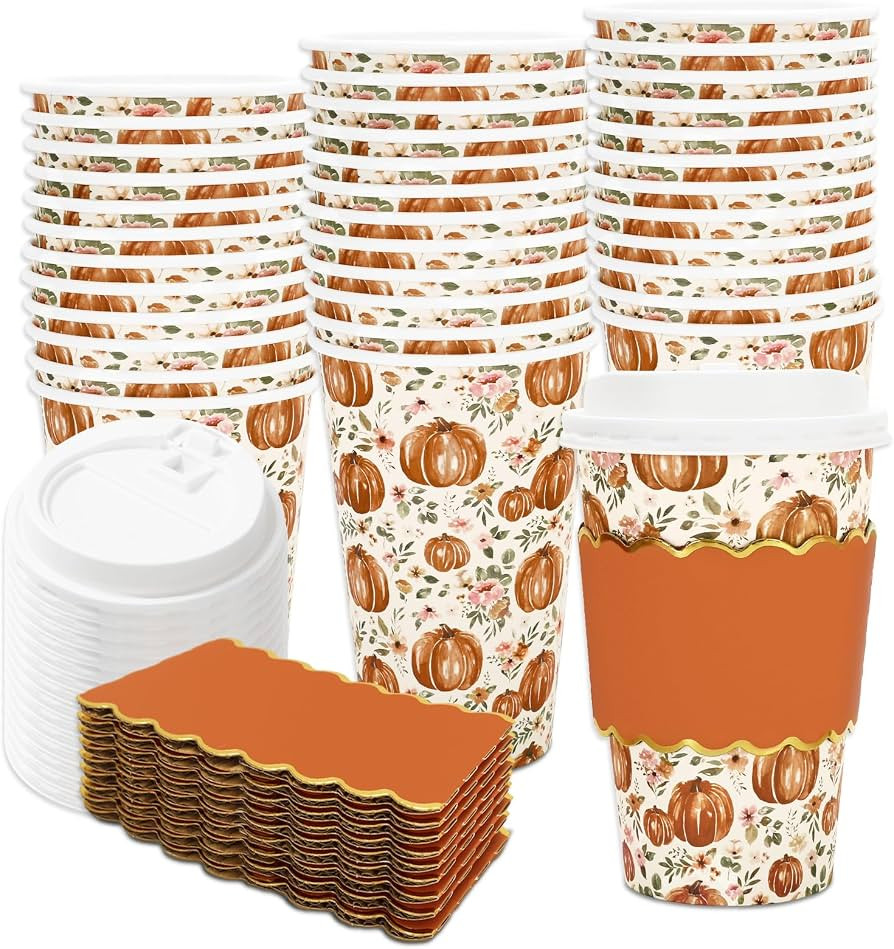 JarThenaAMCS 50 Pcs Fall Coffee Cups with Lids Sleeves 16 Oz Autumn Floral Flower Pumpkin Paper C... | Amazon (US)
