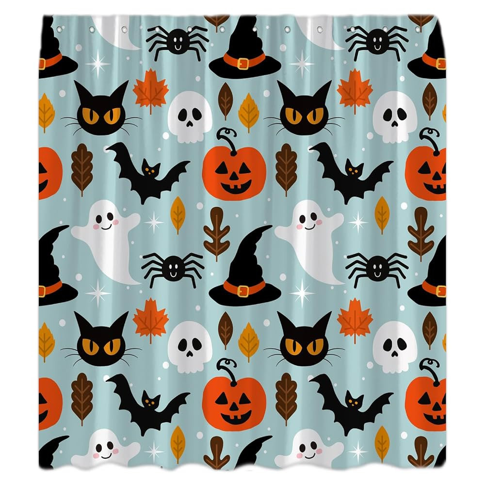 Blue Halloween Shower Curtain Cute Ghost Horror Pumpkin Spooky Black Cat Scary Skull Bat Magic Wi... | Amazon (US)