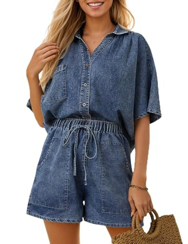Zilcremo Womens 2 Piece Outfits Summer Denim Sets Short Sleeve Button Down Crop Jean Shirts High ... | Amazon (US)