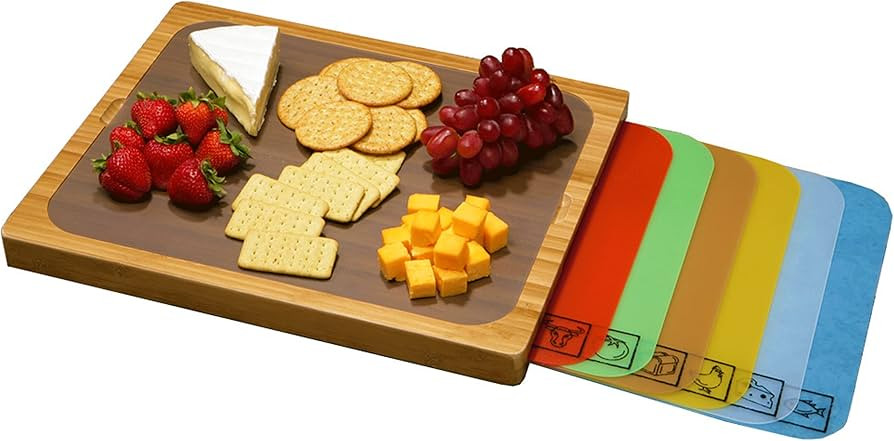 Seville Classics Bamboo Premium Wood Cutting Board Serving Tray w/ 7 Color-Coded BPA-Free Mats, f... | Amazon (US)