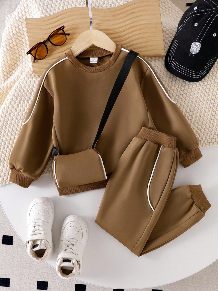 Genkimix Kids 2pcs/Set Young Girls' Colorblock Round Neck Long Sleeve Top And Pants Set Fall Winter | SHEIN