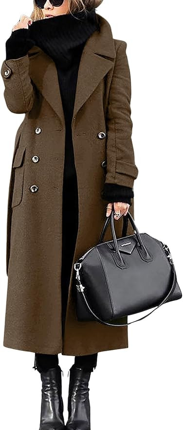 chouyatou Women's Winter Double Breasted Wool Coat Business Casual Long Winter Pea Coat with Belt | Amazon (US)