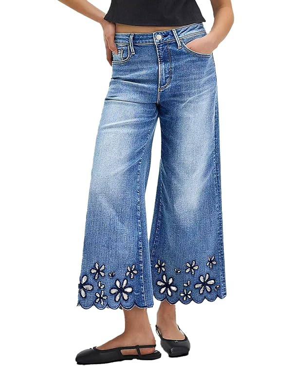Flamingals Women's Floral Embroidery Wide Leg Jeans Mid Rise Strechy Casual Trendy Denim Cropped ... | Amazon (US)
