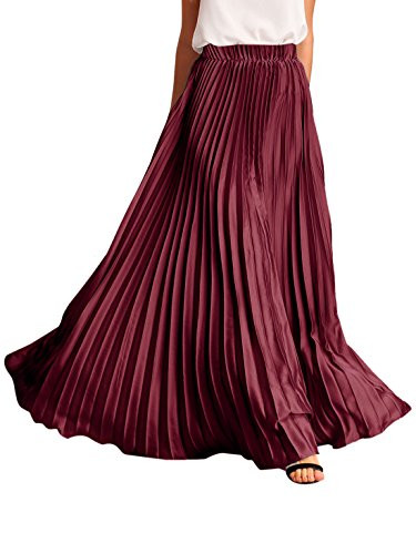 ROMWE Women's Pleated Maxi Skirt Elastic Waist Summer Pleat Long Party Skirt Burgundy S | Amazon (US)