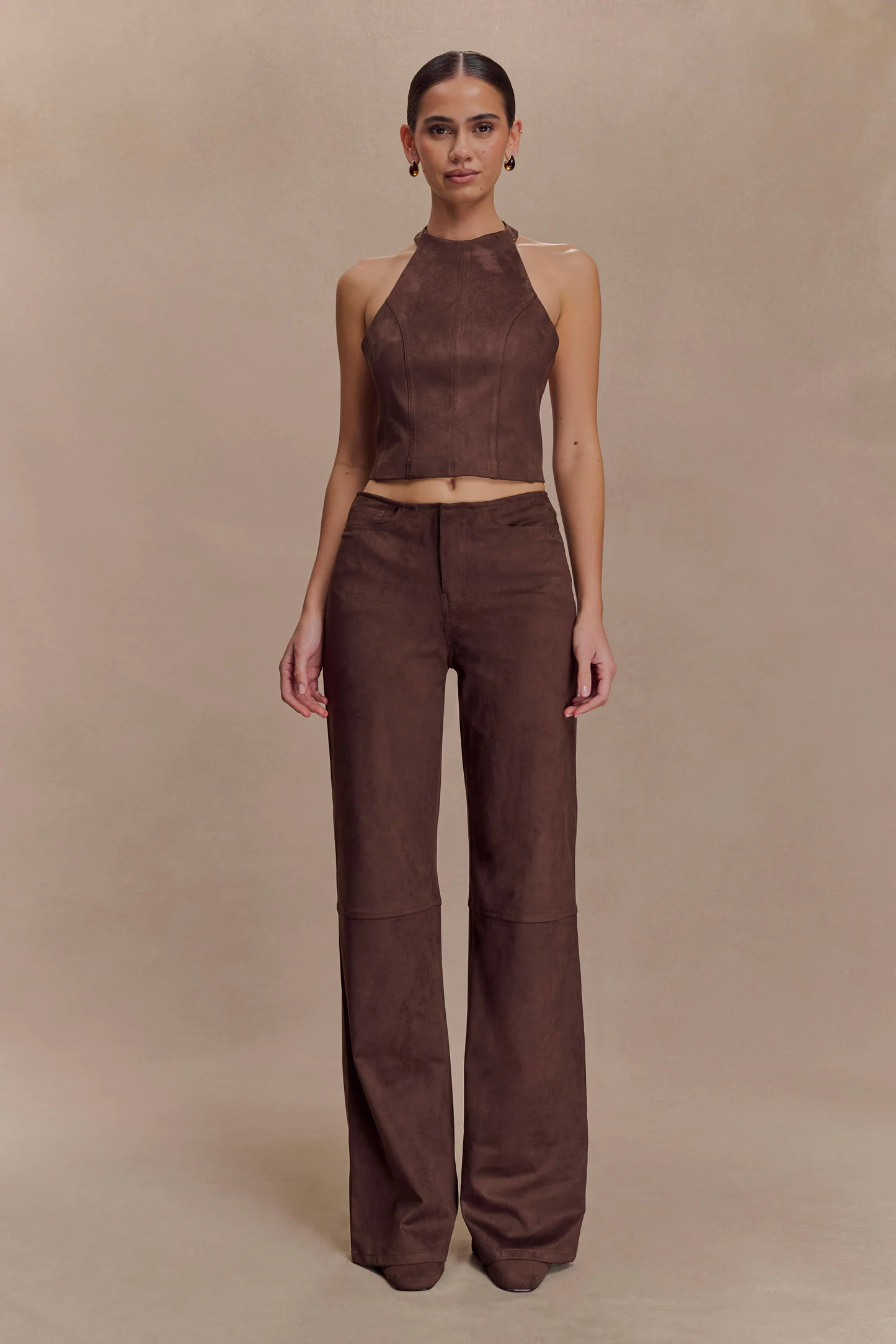 Faux Suede Halter Top - Dark Chocolate | MESHKI US