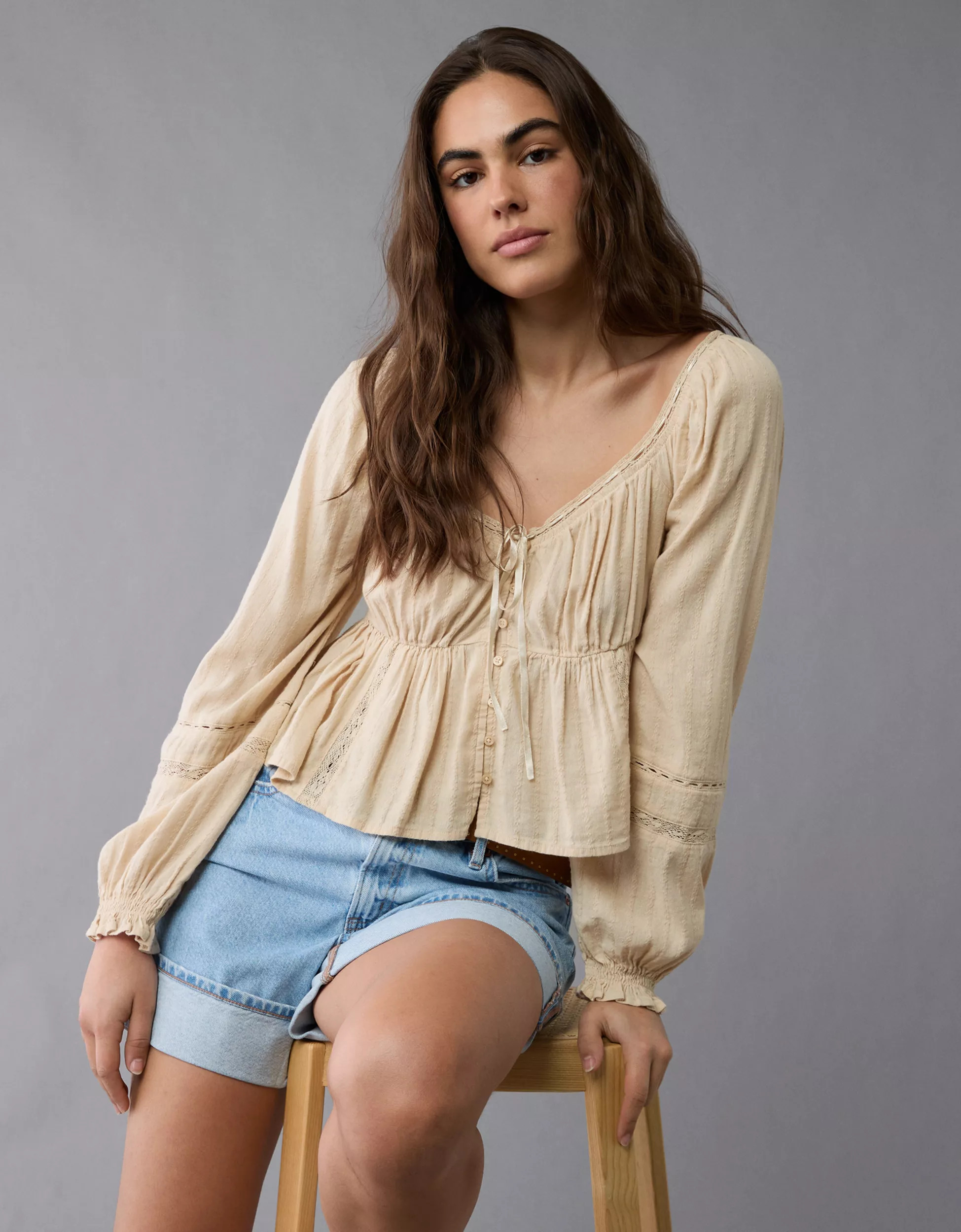 AE Long-Sleeve Babydoll Blouse | American Eagle Outfitters (US & CA)