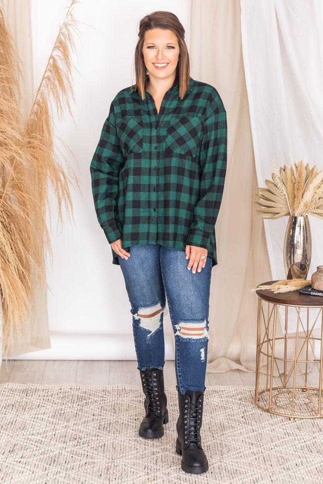 Northern Sky Green Buffalo Plaid Button Up Blouse | Pink Lily