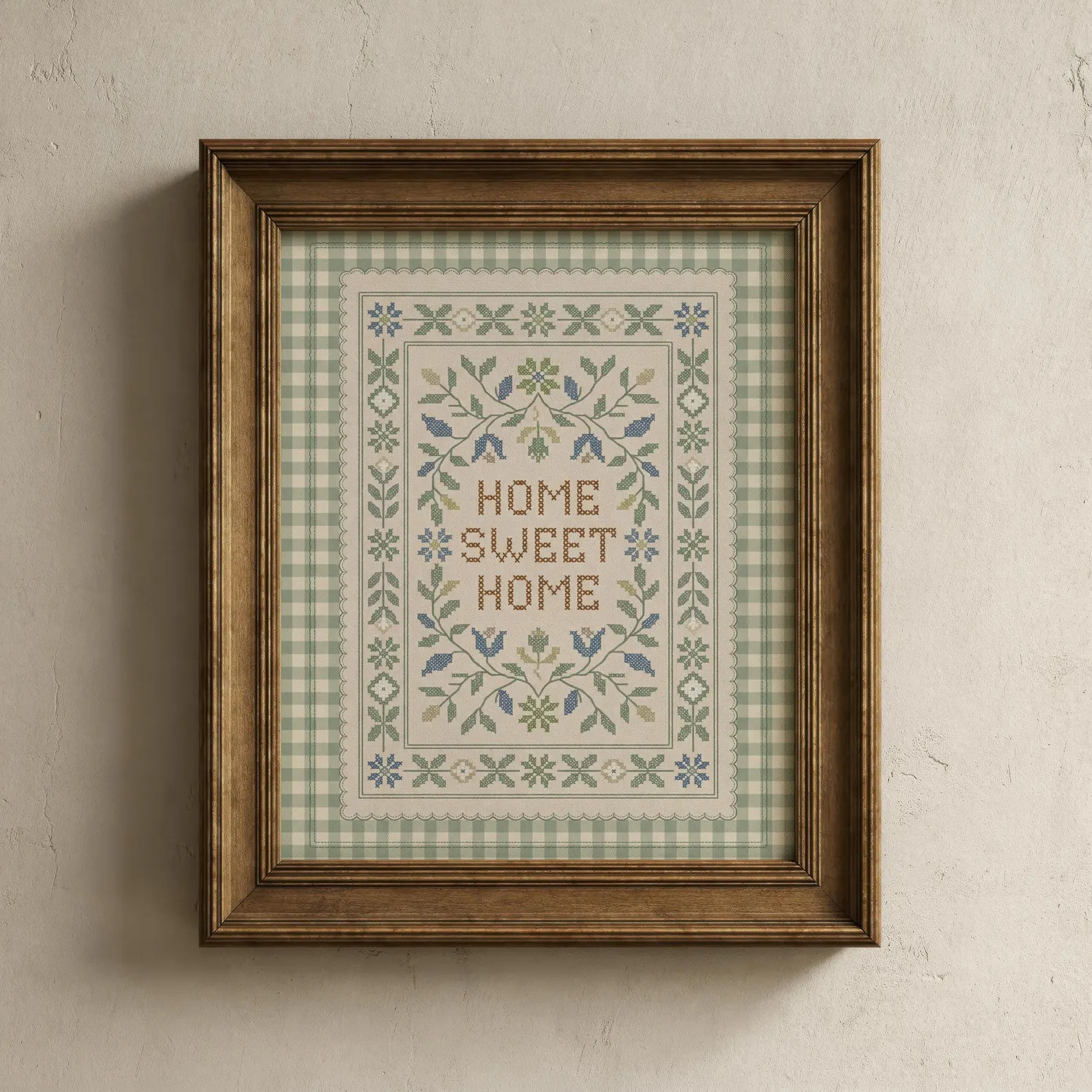 Home Sweet Home Art Print: Green Gingham Cottagecore Wall Art, Farmhouse Kitchen Decor (digital D... | Etsy (Global)