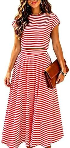Zontroldy Women's Summer 2 Piece Outfits Striped Cap Sleeve Skirt Sets | Amazon (US)