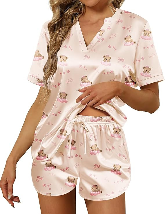 Ekouaer Silk Pajamas for Women Short Sleeve Satin Sleepwear Two-piece Pjs Set Soft V Neck Loungew... | Amazon (US)