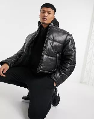 ASOS DESIGN cropped leather puffer jacket in black | ASOS (Global)