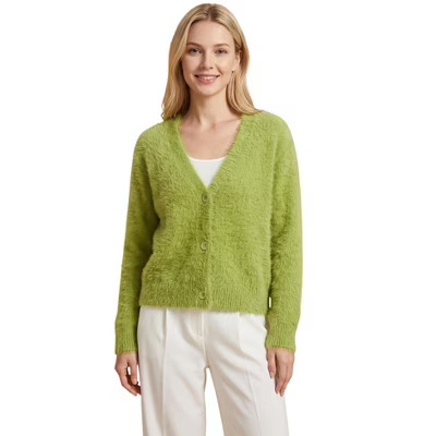 INSPIRE CHIC Women's Faux Fuzzy V Neck Long Sleeve Button Down Knit Fall Winter Cardigan Large Yellow Green | Target
