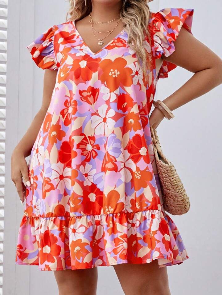 SHEIN VCAY Plus Floral Print Ruffle Hem Smock Dress | SHEIN