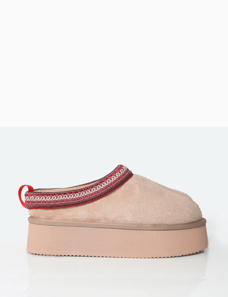 Vixon Beige Faux Suede Embroidered Slipper Platform Boots | Public Desire