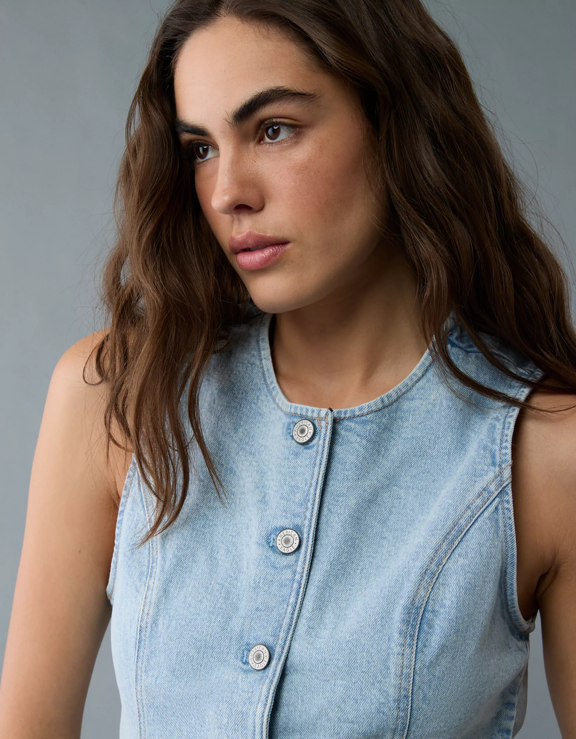 AE Crew Neck Button-Up Denim Vest | American Eagle Outfitters (US & CA)