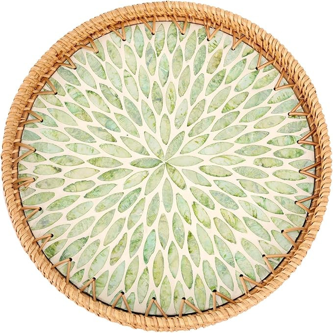 Round Rattan Tray with Mother of Pearl Inlay, Rattan Serving Tray for Coffee, Bread, Fruits, Deco... | Amazon (US)