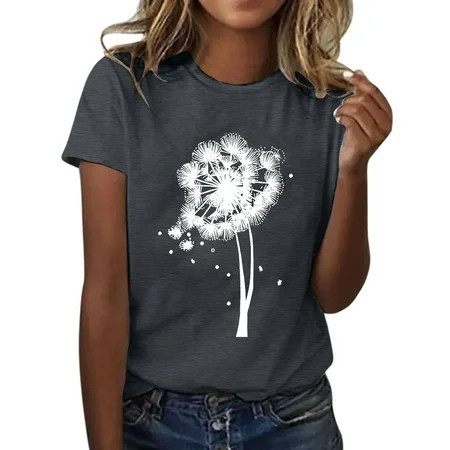 Tshirts For Women Dandelion Printed Round Neck Short Sleeved Sports Casual Ladies Tops Holiday Wear | Walmart (US)
