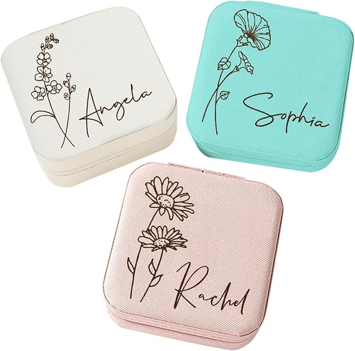 Personalized Jewelry Box for Women, Custom Travel Jewelry Case with Name and Birth Flower, Leathe... | Amazon (US)
