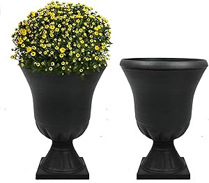 Worth Garden 2-Pack Plastic Urn Planters for Outdoor Plants, 22'' Black Tall Round Classic Resin ... | Amazon (US)