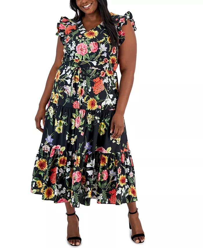 Anne Klein Plus Size Cotton Floral-Print Tie-Waist Midi Dress - Macy's | Macy's