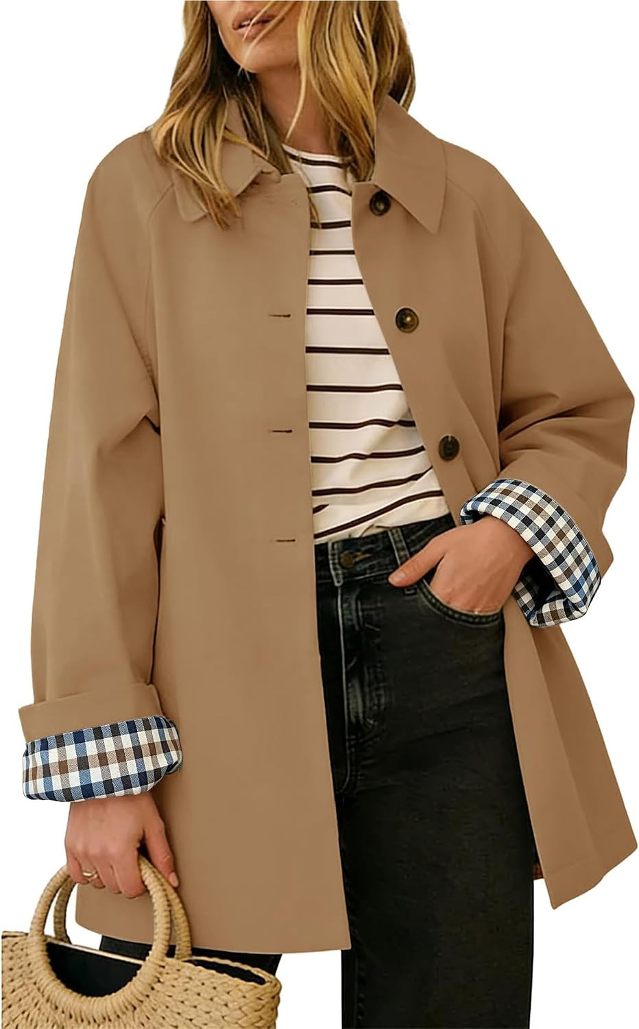 Womens Trench Coat Button Up Jacket Plaid Lined Lapel Coats | Amazon (US)
