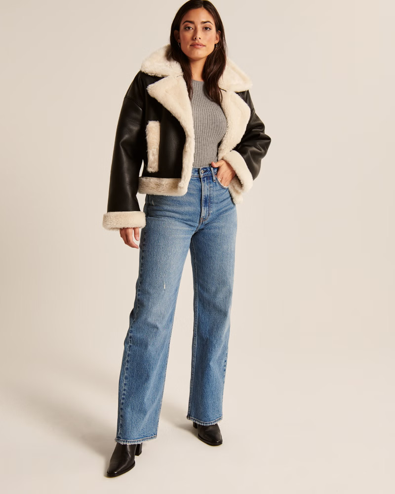 Oversized Short Sherpa-Lined Vegan Leather Coat | Abercrombie & Fitch (US)