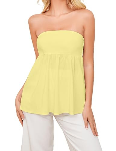 Ythomm Womens’s Ruffle Hem Bandeau Tube Tops Casual Sleeveless Strapless Peplum Flowy Blouse Shirts Summer Going Out Tanks Yellow | Amazon (US)