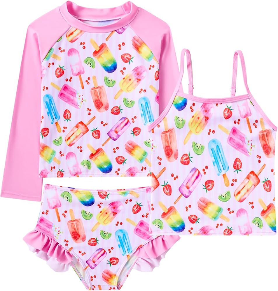Girls 3-Piece Swimsuit Size 3-10Y Bahting Suit Long Sleeve Rash Guard Tankini Sets UPF Sun Protec... | Amazon (US)
