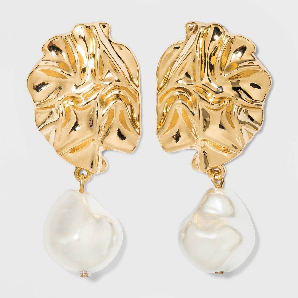 Hammered Metal and Pearl Post Earrings - A New Day Gold | Target