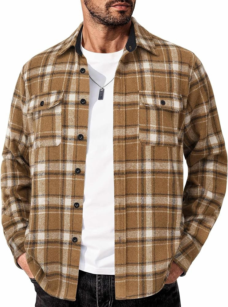 COOFANDY Men's Flannel Shirts Long Sleeve Cotton Plaid Shirt Jacket Casual Button Down Shirt with... | Amazon (US)