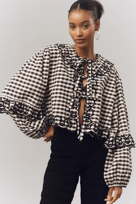 Maeve Long-Sleeve Scallop Tie-Front Blouse | Anthropologie (US)