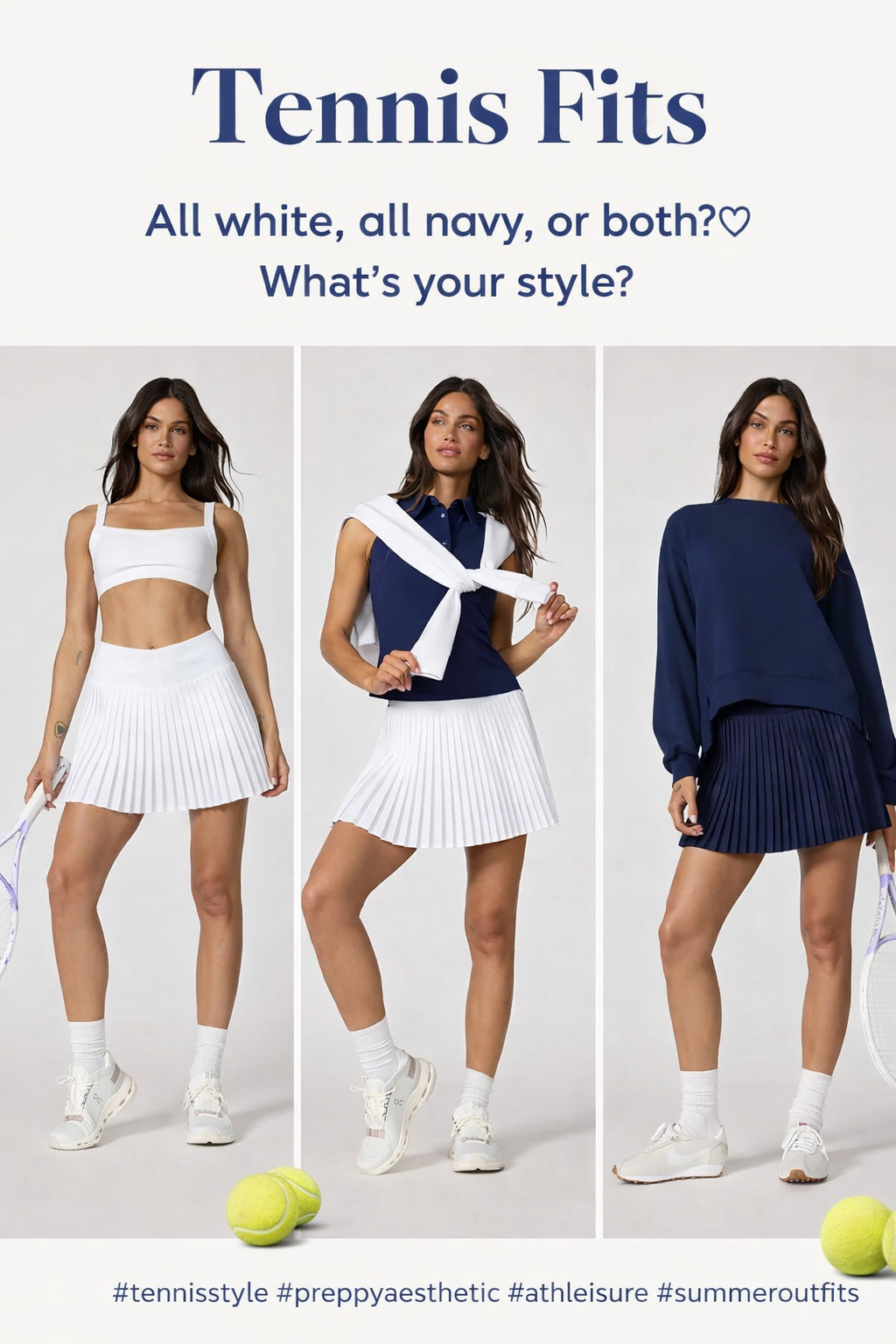Tennis core but make it elevated 🤍🎾

These are the three fits I keep reaching for right now — and honestly, I can’t pick a favorite:

✨ All white = clean, classic, effortless
✨ Navy + white combo = preppy perfection
✨ All navy = sleek, sporty, and chic

Pleated skirts + fitted tops + a light layer = the easiest put-together look whether you’re actually playing or just going for that “off-duty country club” vibe 😍

Everything here is flattering, breathable, and gives that polished athleisure feel without trying too hard.

Which one are you choosing — 🤍 ALL WHITE, 💙 NAVY, or MIX?

Tap to shop the full looks 👇

#ltkfitness #ltkstyle #tennisoutfit #tennisskirt #preppystyle #countryclubaesthetic #athleisurewear #summerstyle #outfitinspo #activewearstyle #ltkunder100 #momstyle 

 