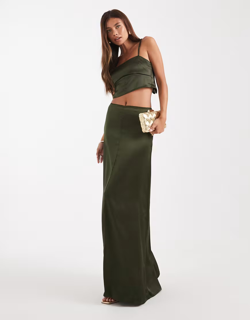 ASOS DESIGN satin maxi skirt in green - part of a set-Brown | ASOS (Global)
