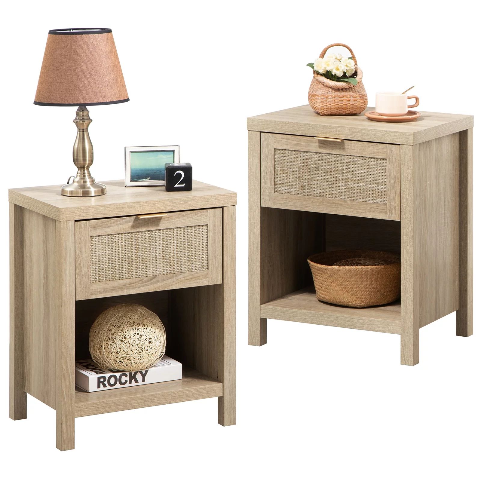 SICOTAS Rattan Nightstand Set of 2 with Drawer and Storage Bedside Table End Table Side Table Acc... | Walmart (US)
