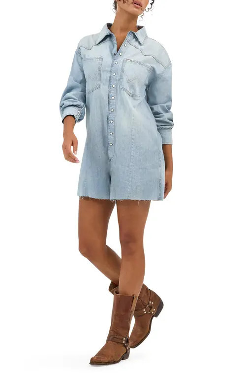 Wrangler Heritage Long Sleeve Denim Romper in Pale Blue Wash at Nordstrom, Size Small | Nordstrom