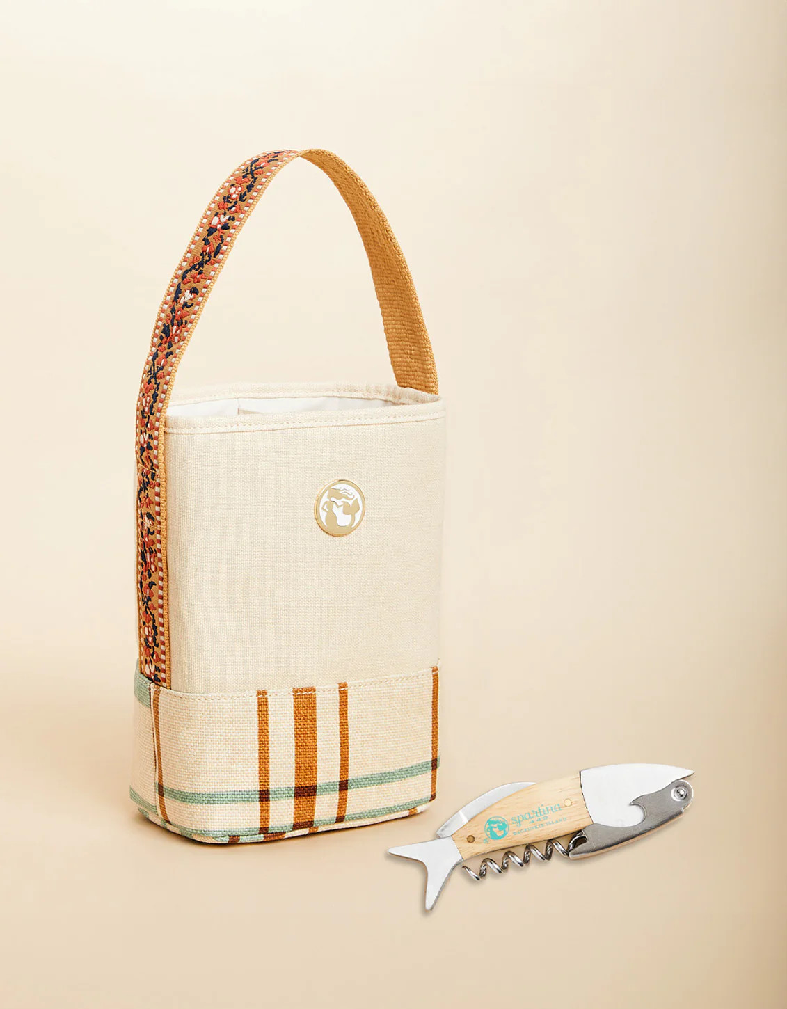 Double Wine Caddy Kalalanta Plaid Cream with Wine Corkscrew | Spartina 449