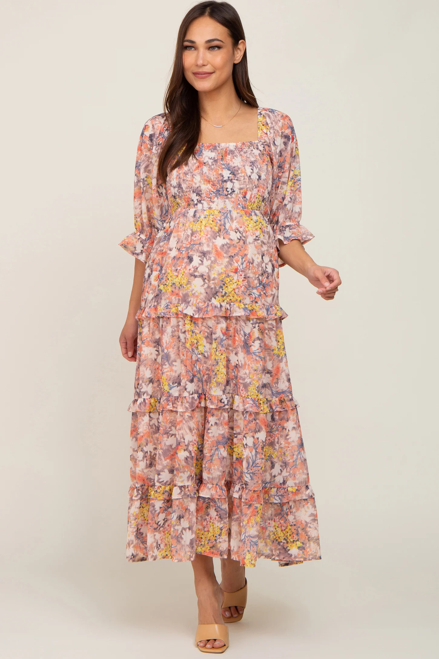 Taupe Floral Watercolor Print Tiered Maternity Midi Dress | PinkBlush Maternity