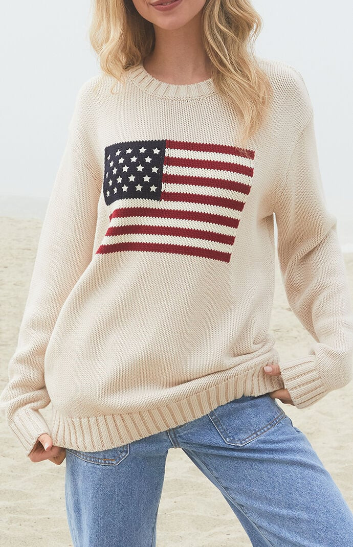 John Galt Women's Nico American Flag Crew Neck Sweater in Cream | PacSun