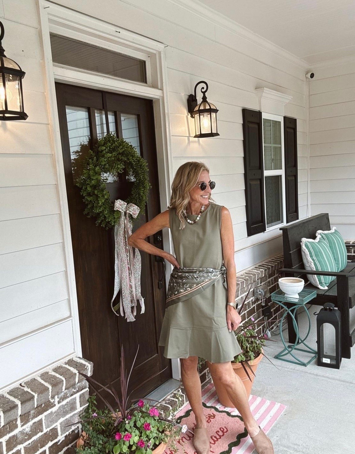 How stunning is this color for the fall? I love how it pairs with this scarf and neutral mules. This is the outfit you can wear from the classroom to run errands and much more. I will be wearing this outfit on repeat in the classroom and running errands. 
Casual fall outfit, how to style a scarf as belt

#LTKOver40 #LTKWorkwear #LTKSeasonal
