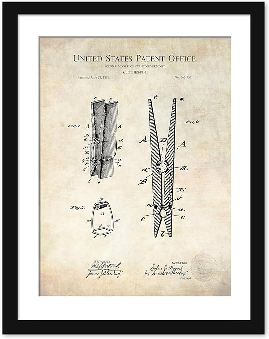 Vintage Clothes-Pin Patent Art | 1887 Laundry Room Decor | Available as Print or Framed | Antique... | Amazon (US)