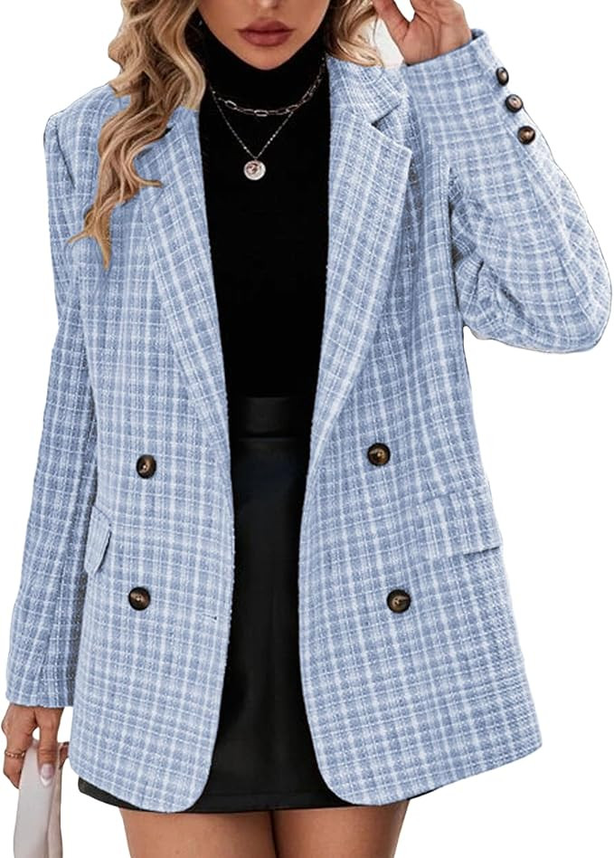 Plaid Tweed Blazer Jacket for Women 2024 Fashion Elegant Open Front Casual Work Office Pocket Sui... | Amazon (US)