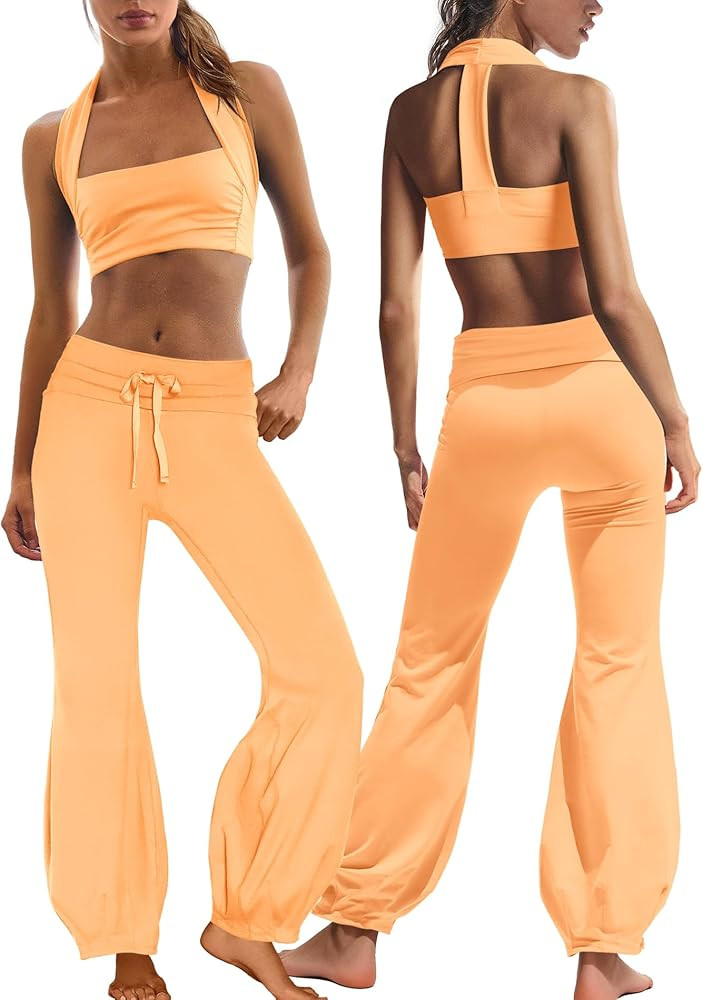 Nirovien Womens Two Piece Workout Sets Athletic Yoga Set Halter Sports Bra and Fold Over Flare Le... | Amazon (US)