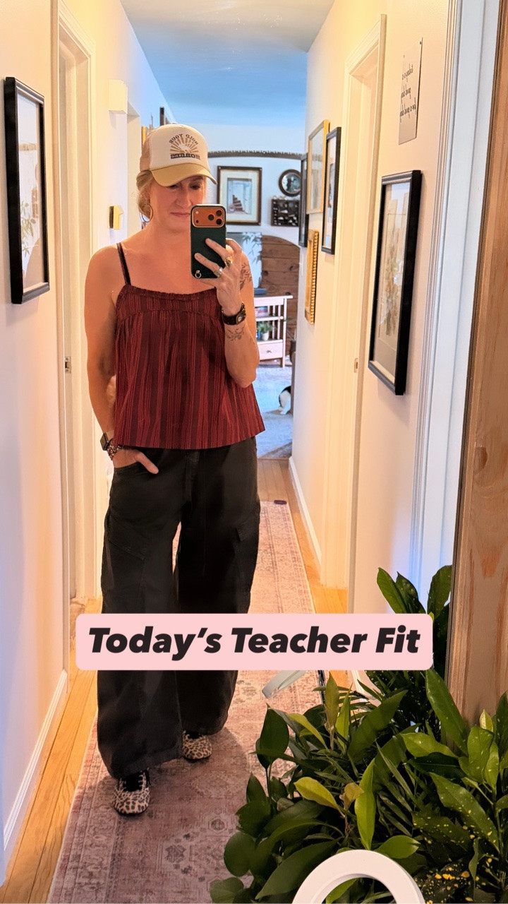 Friday’s fit is amazing. ❤️

The oversized barrel cargos? Completely outside my normal comfort zone… which is probably why I’m so obsessed with them. They’re ridiculously lightweight, crazy comfortable, & I can already tell they’ll be sticking around well beyond summer.

The red striped babydoll tank? Yeah… my current personality trait at this point. 😂 I’ve been reaching for red more & more lately & I’m not even pretending to fight it.

Added the leopard print Vans because why not? 🐆 Then topped everything off with my “Hold Your Horses” trucker hat from a local boutique. The earrings came from a farmers market vendor last year & the jewelry situation remains exactly what you’d expect: gold, silver, all of it at once. ✨

I was originally planning to wear a graphic tee with these cargos, but once I put this together, the graphic tee never stood a chance.

Also… shoutout to my husband for helping me pick the hat this morning. He intentionally matched it to the Vans, which honestly impressed me more than it probably should have. The man is learning. 🤠😂

Teacher outfit details: oversized barrel cargos • striped babydoll tank • leopard print Vans • trucker hat • mixed metal jewelry • casual Friday style

#FlutterByMethod #LTKStyle #VansStyle #TargetStyle #UrbanOutfitters

#LTKgrwm #LTKootd #LTKmorningroutine