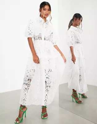 ASOS EDITION – Midi-Hemdkleid in Weiß mit Lochstickerei und Puffärmeln | ASOS (Global)