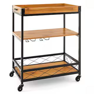 Costway 3-Tier Natural Wine Bar Cart Rolling Rack Serving Trolley Detachable Top and Glass Holder... | The Home Depot