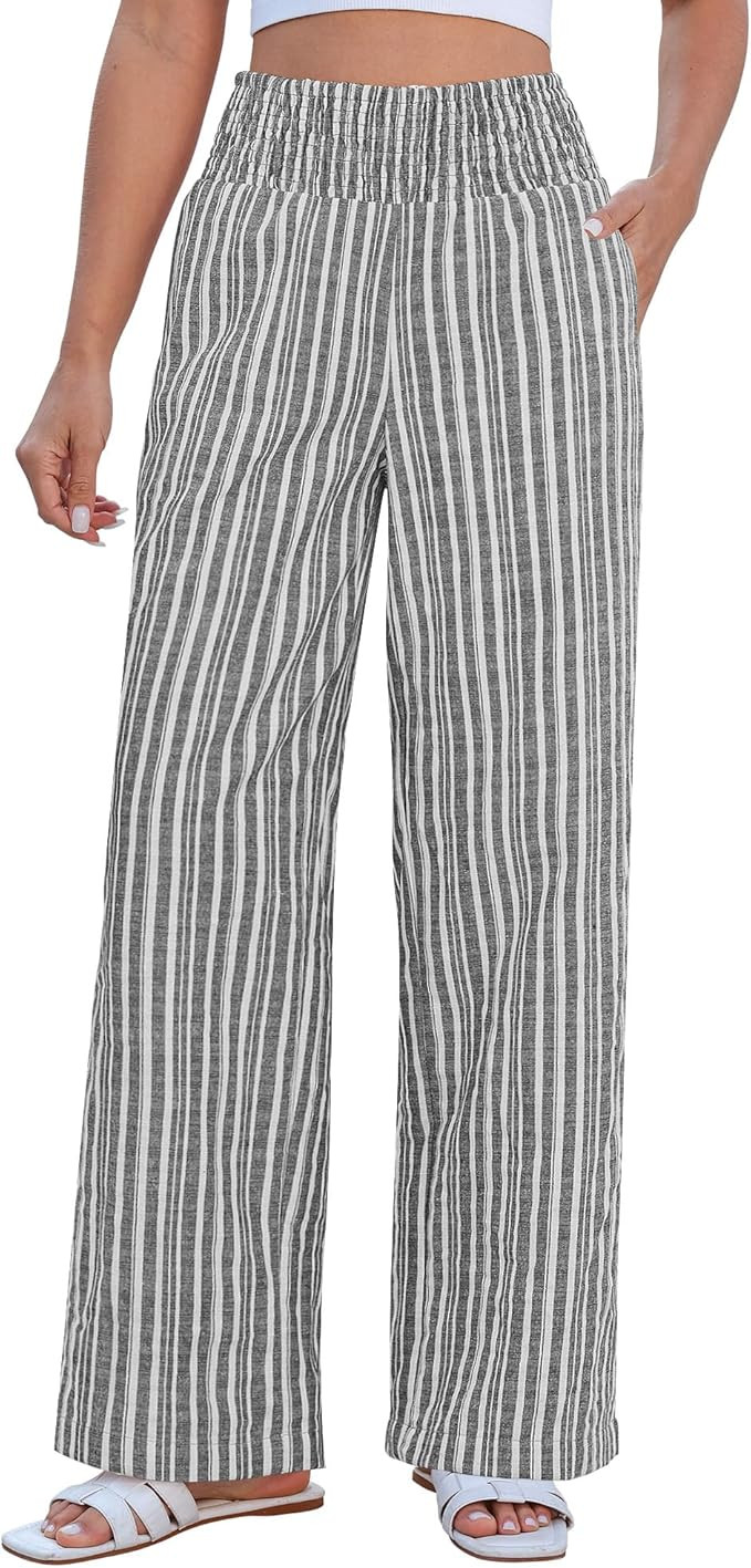 GRAPENT Linen Pants for Women Wide Leg Trendy Pull On High Rise Striped Elastic Smock Waist Beach... | Amazon (US)