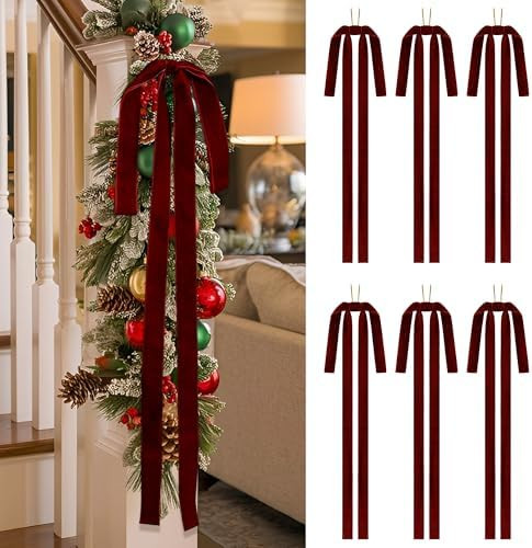 SIMISI RIBBON Burgundy Long Velvet Bows Ornaments for Christmas Tree, Wreath, Garland, Swag, Stai... | Amazon (US)