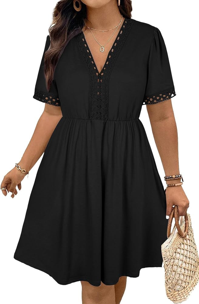 Eytino Womens Plus Size Dresses Short Sleeve Lace V Neck Hollow Out A Line Mini Dress 2026 Summer... | Amazon (US)
